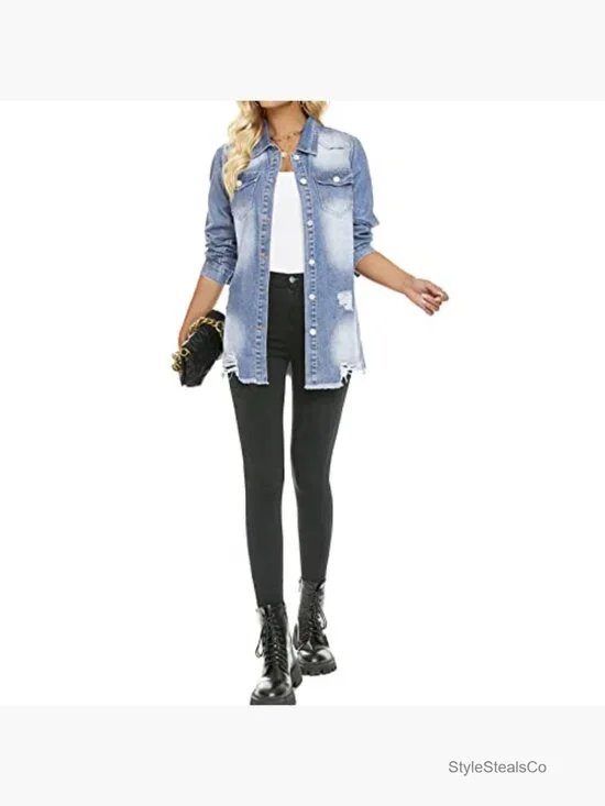 Distressed Denim Jacket Mid-Long Ripped Button Down Casual Women's - Picture 5 of 7